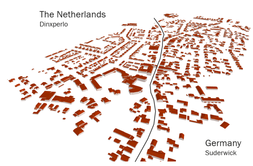 3D buildings from the Location Europe platform on the border of Germany and The Netherlands.